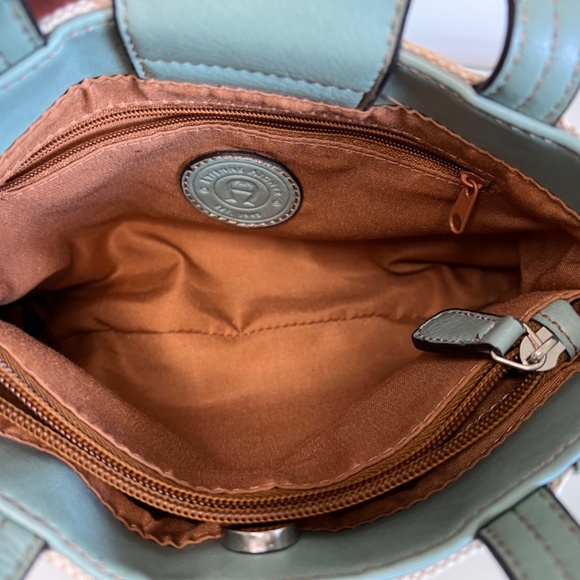 Etienne Aigner Handbag Purse Wicker Teal Blue Leather 9” - Picture 9 of 16